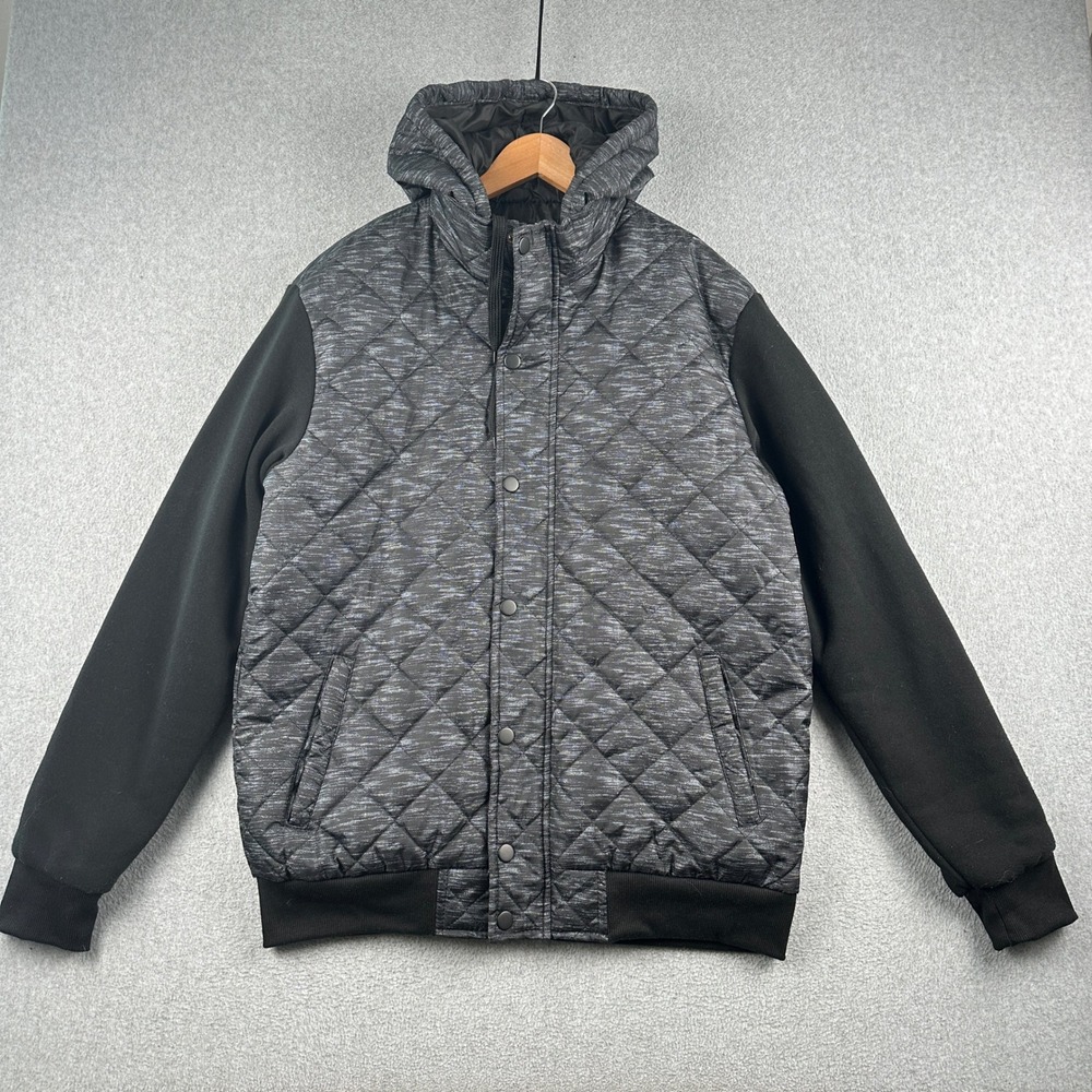 Ring of Fire Jacket Mens XL Gray Quilted Puffer Hooded Mixed Media Full Zip Snap